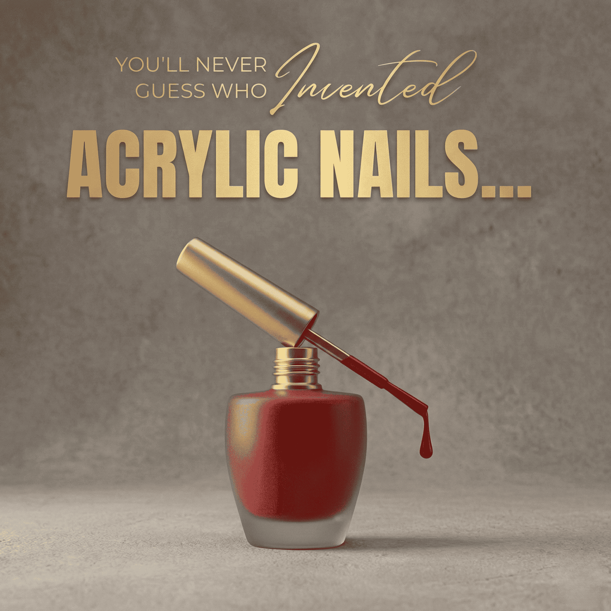 Red nail polish bottle with spilled polish and text about acrylic nails invention.